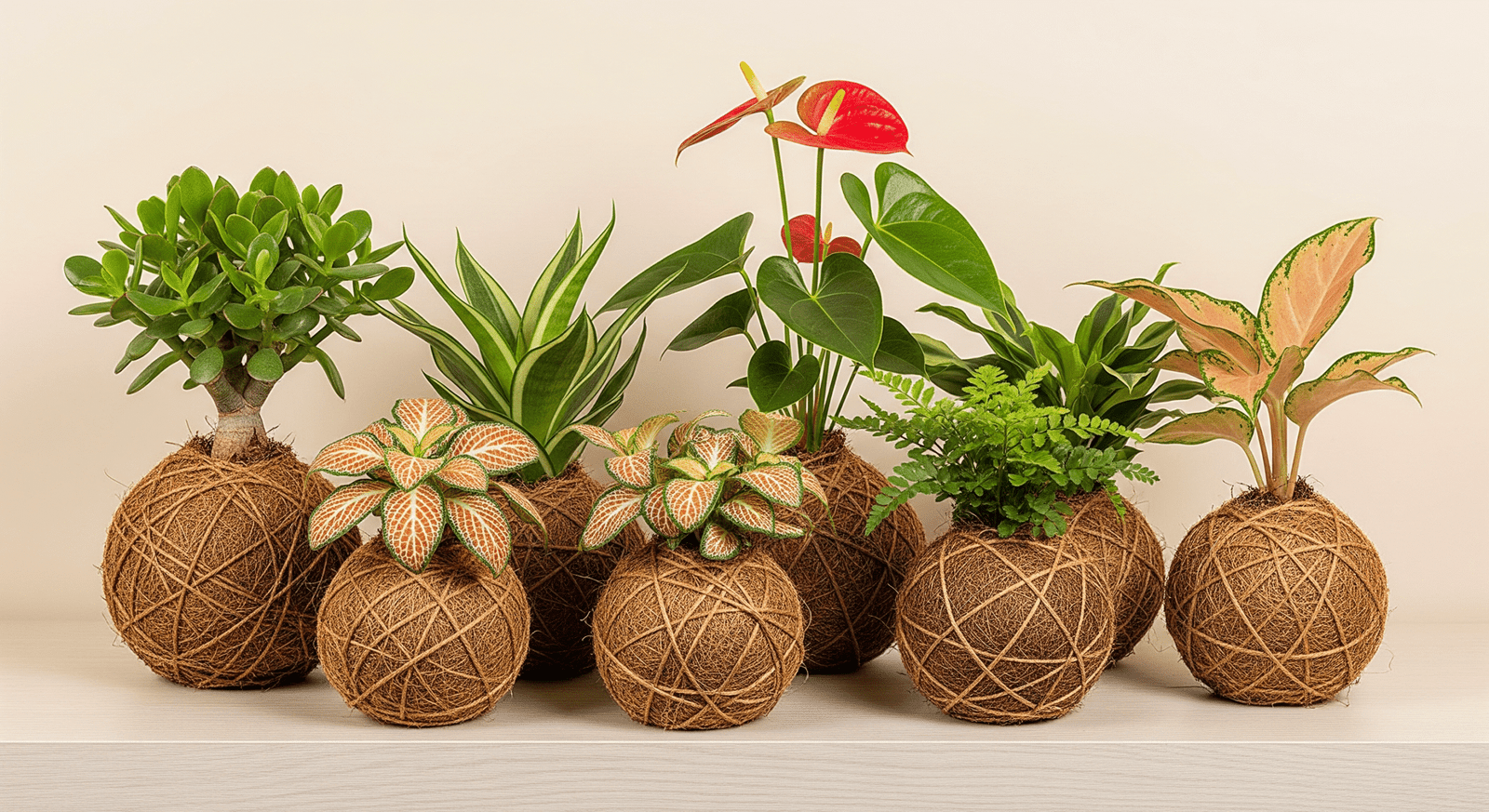 Kokedamas decorativas con sansevierias, fitonias, helecho nido y anturio sobre una mesa de madera en sala iluminada – Mi Matica Colombia.