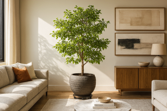 Olivo negro Bucida buceras en matera decorativa dentro de sala moderna con luz natural de la tarde. Planta ornamental ideal para interiores en Colombia, recomendada por Mi Matica.
