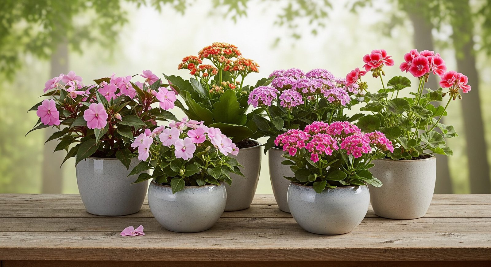 Plantas de flor de exterior como Impatiens Nueva Guinea, Kalanchoe, Pentas y Geranios (Novios) en materas decorativas. Foto tomada en jardín de Colombia.