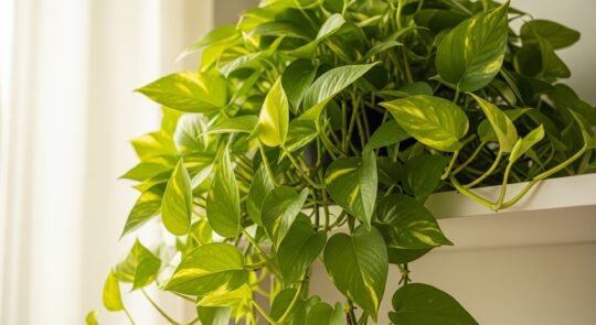Pothos dorado colgante en repisa blanca con luz natural suave, ideal para decoración interior en Bucaramanga, Cúcuta y Colombia.