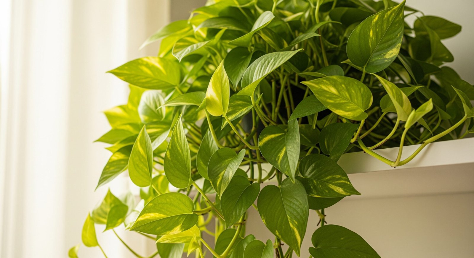 Pothos dorado colgante en repisa blanca con luz natural suave, ideal para decoración interior en Bucaramanga, Cúcuta y Colombia.